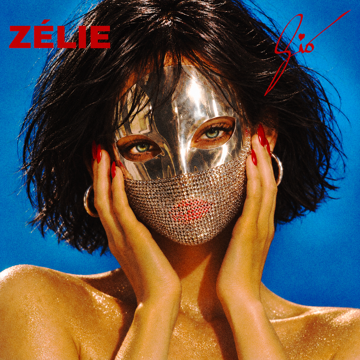 Official GIO single artwork featuring ZÉLIE with a silver mask against a vivid blue background